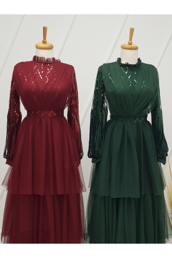 Sequin Sleeve Tulle Evening Dress  -Emerald