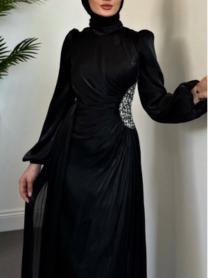 Kolu Lastikli Taş Detaylı Astarlı Janjan Abiye -Siyah