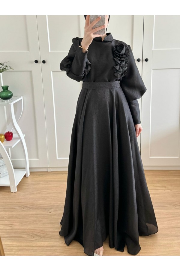 Balloon Sleeve Lined Evening Dress with Rose Detail -Black