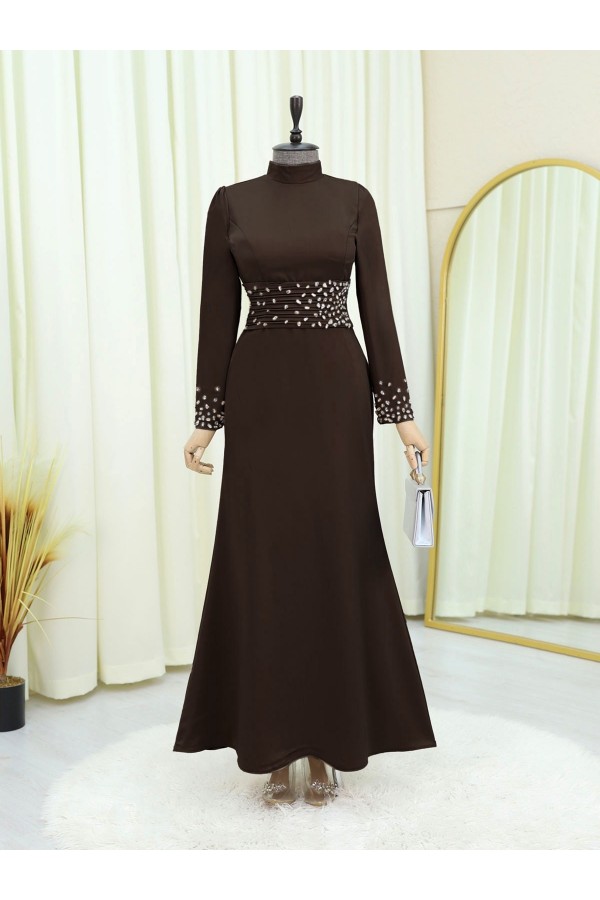 Corset Belted Stoned Satin Evening Dress -Dark Coffee