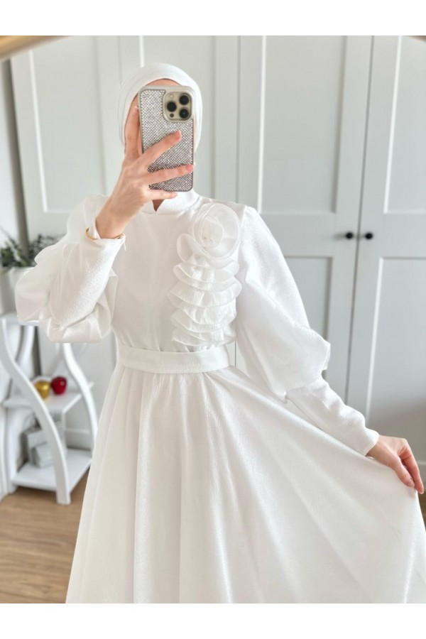 Balloon Sleeve Lined Evening Dress with Rose Detail -White