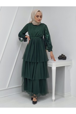 Sequin Sleeve Tulle Evening Dress  -Emerald