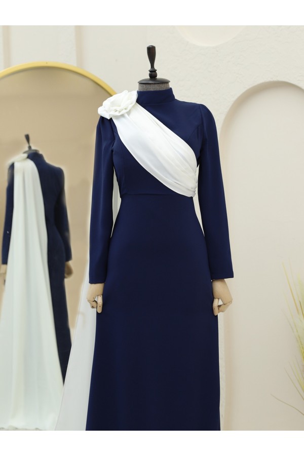Pleated Evening Dress with Rose Detail on the Shoulder -Navy blue