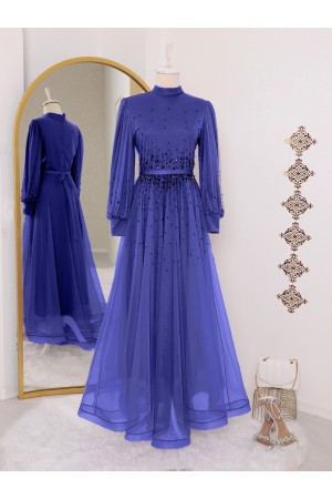Design Stone Detailed Embossed Tulle Evening Dress  -Navy blue