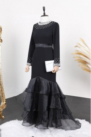Eteği Katlı Yakası ve Kolu Taşlı Abiye -Siyah
