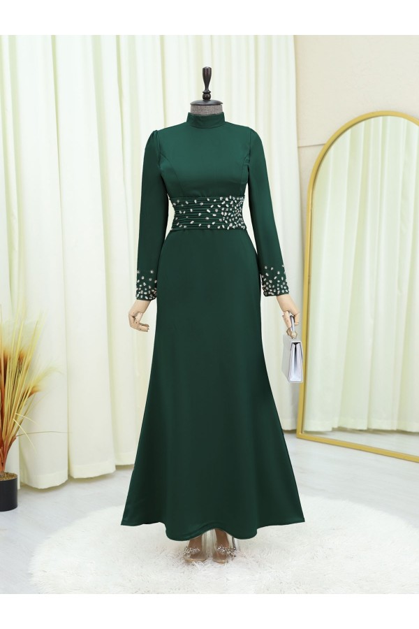 Corset Belted Stoned Satin Evening Dress -Emerald
