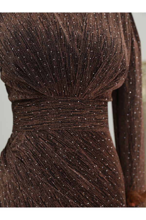 Evening Dress with Feathered Sleeves and Double Tail in Front -Brown
