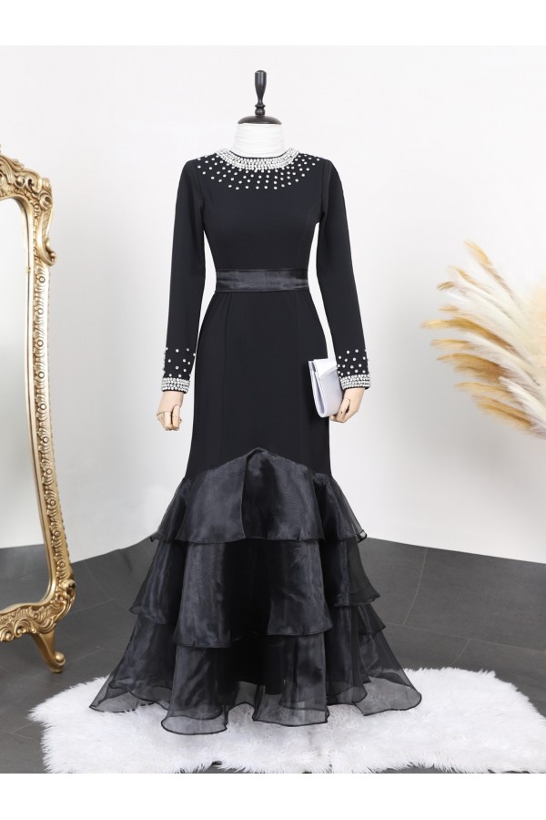 Evening Dress with Tiered Skirt and Stones on the Collar and Sleeves -Black