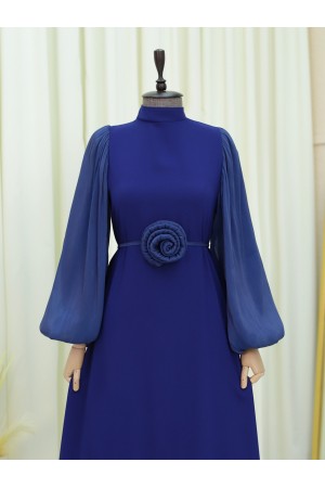 Balon Kol Manşeti Lastikli Güllü Kemerli Elbise -Laci