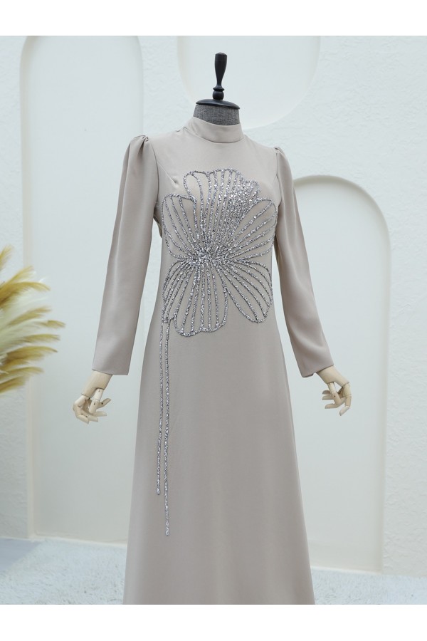 Clover Stone Patterned High Collar Crepe Evening Dress -Light Mink