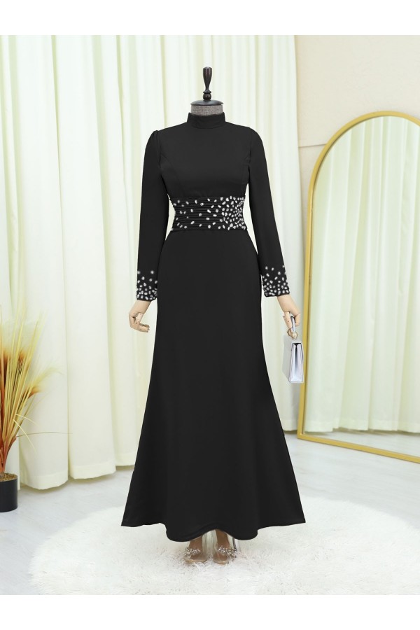 Corset Belted Stoned Satin Evening Dress -Black