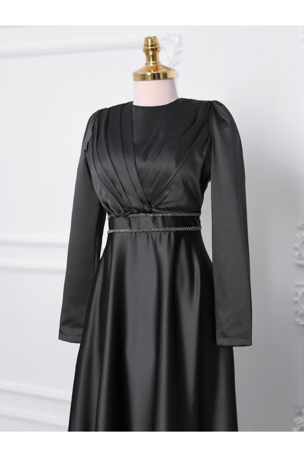 Front Draped Waist Beaded Satin Evening Dress -Black
