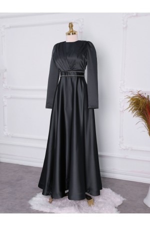 Front Draped Waist Beaded Satin Evening Dress -Black