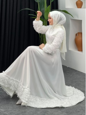 Satin Evening Dress with Rose Detail on Skirt and Sleeves  -White