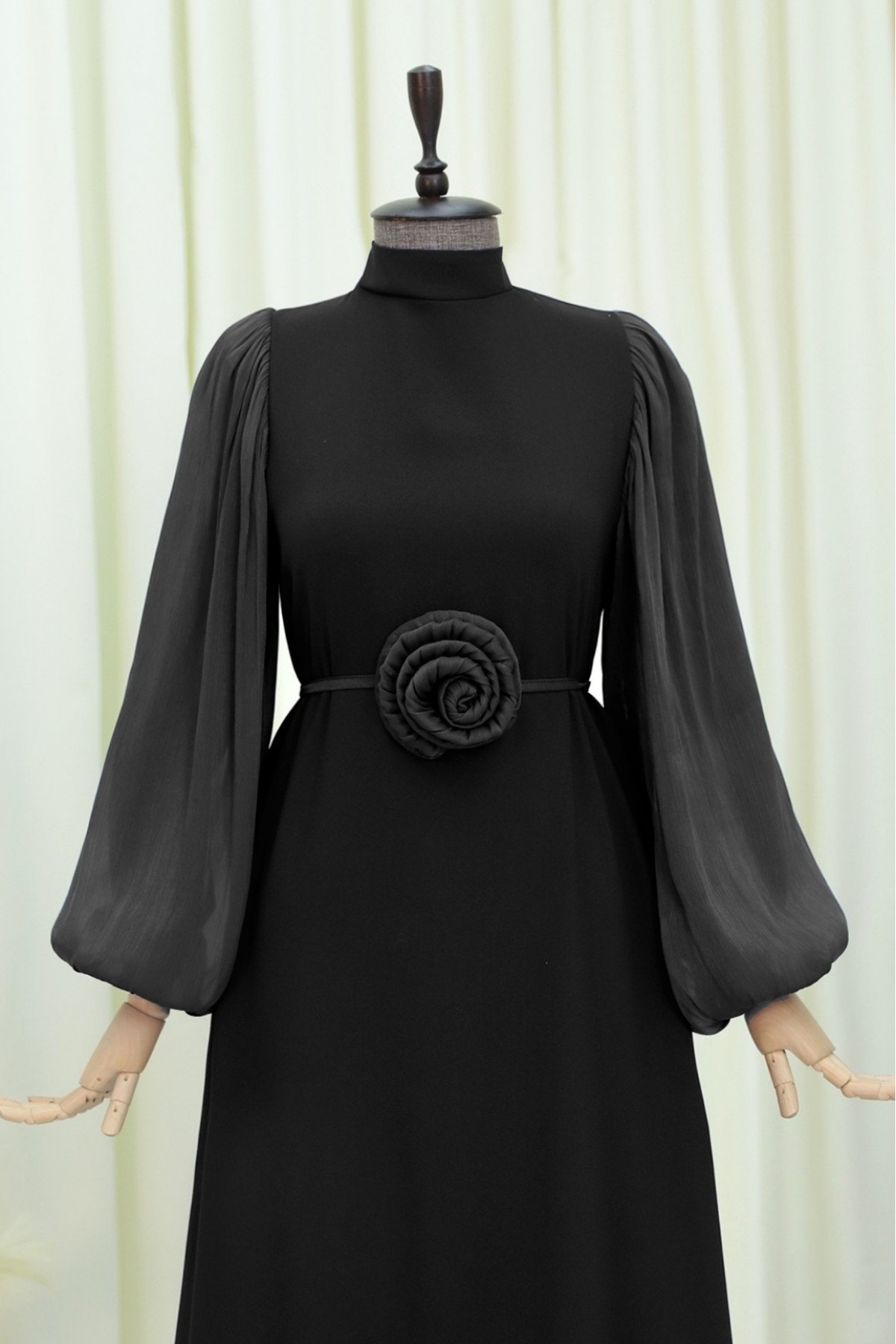 Balloon Sleeve Cuff Elastic Rose Belted Dress -Black