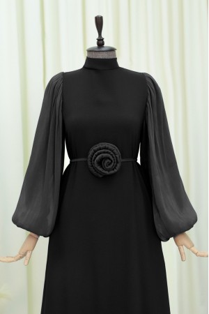 فستان وردي مرن بأكمام منفوخة وحزام -أسود