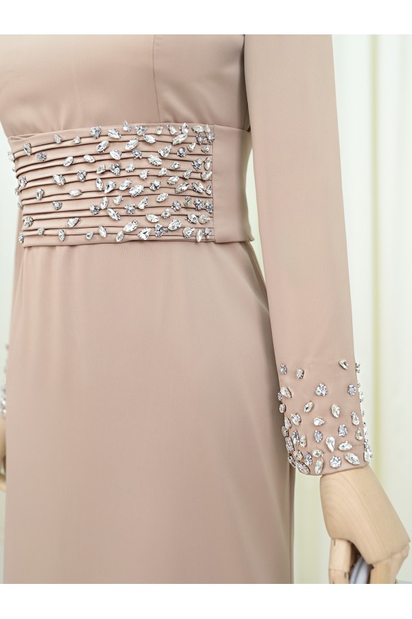 Corset Belted Stoned Satin Evening Dress -Light Mink