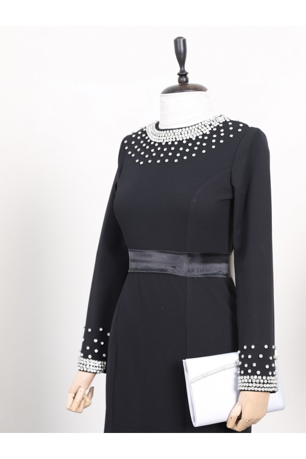 Evening Dress with Tiered Skirt and Stones on the Collar and Sleeves -Black