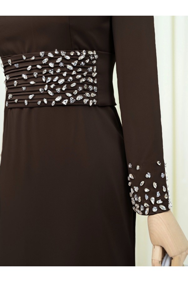 Corset Belted Stoned Satin Evening Dress -Dark Coffee