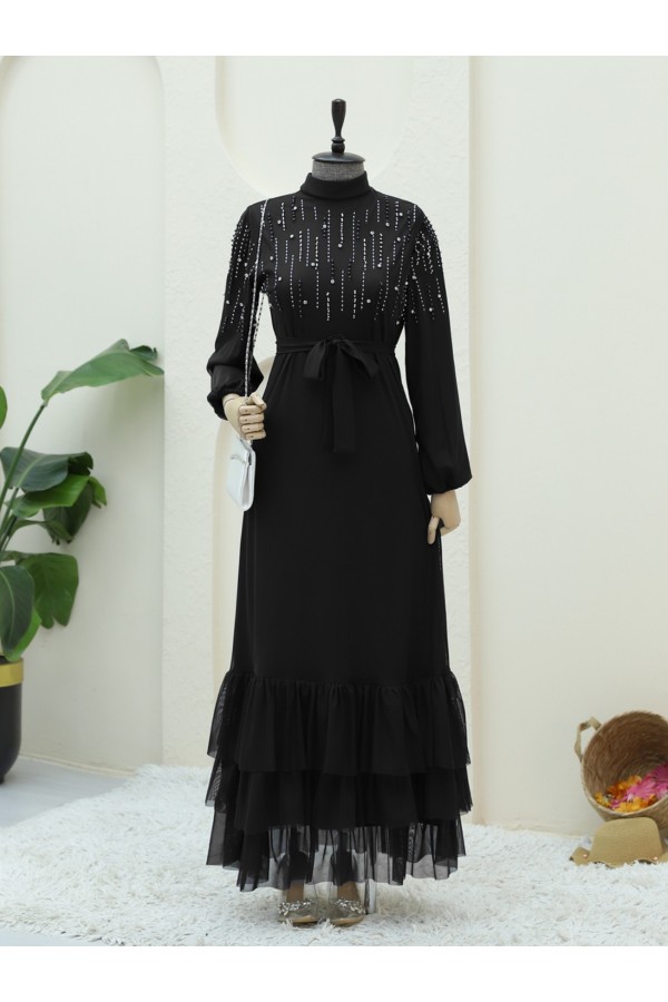 Chiffon Dress with Stone Detail on Top and Elasticated Belt on Sleeves -Black