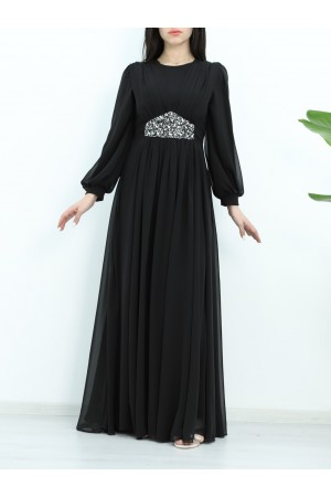 Önü Drapeli Beli Bağlamalı Taş Detaylı Abiye -Siyah