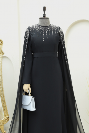 Üstü Taş Ve Boncuklu Pelerinli Abiye -Siyah