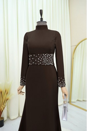 Korse Kemerli Taşlı Saten Abiye  -K. Kahve