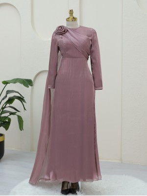 Chiffon Evening Dress with Rose Detail on Shoulder -Dried rose