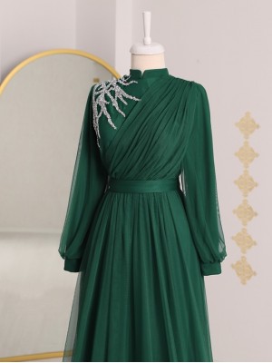 Önü Taş Detaylı Drapeli Kemerli Tül Abiye -Zümrüt