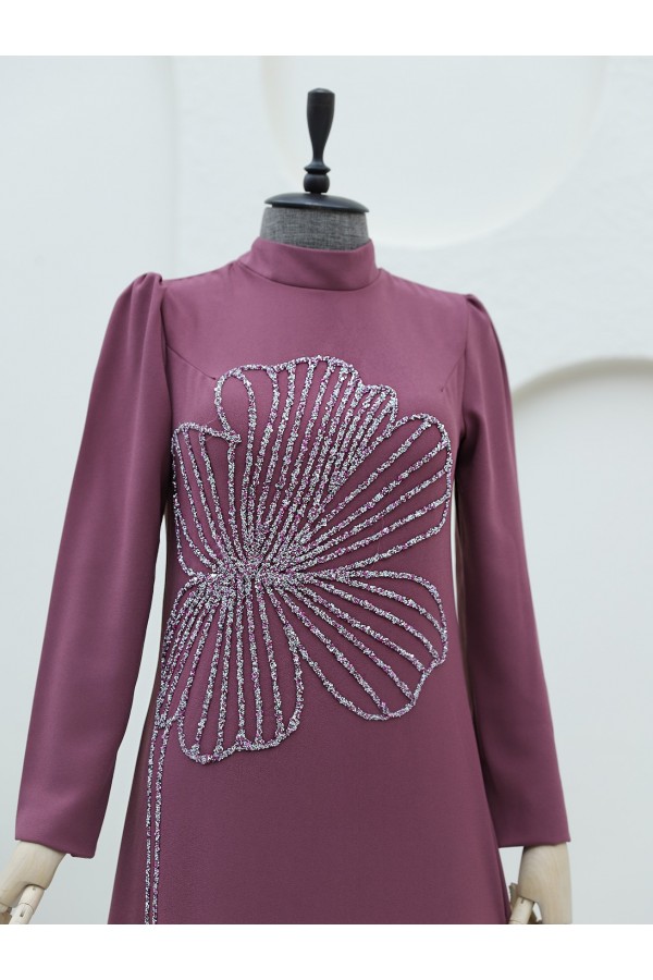 Clover Stone Patterned High Collar Crepe Evening Dress -Dried rose