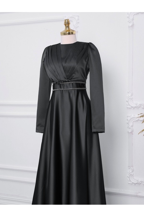 Front Draped Waist Beaded Satin Evening Dress -Black