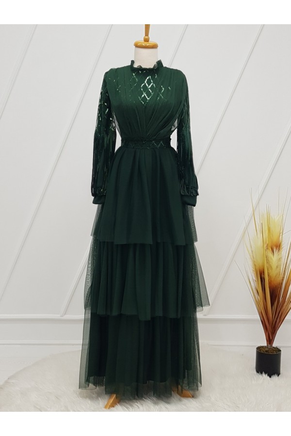 Sequin Sleeve Tulle Evening Dress  -Emerald