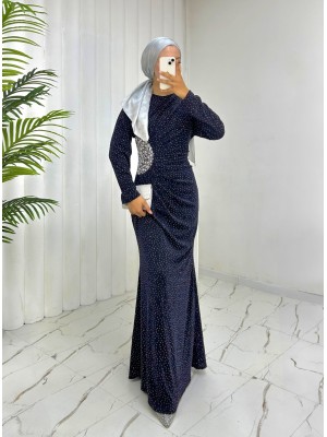 Önü Drapeli Taşlı Uzun Abiye -Laci