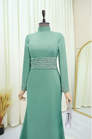 Korse Kemerli Taşlı Saten Abiye  -Su Yeşili