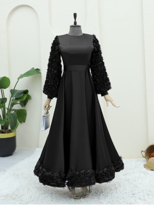 Eteği Ve Kolları Gül Detaylı Saten Abiye -Siyah