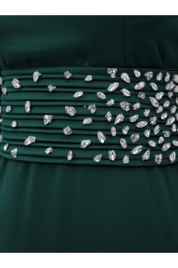 Corset Belted Stoned Satin Evening Dress -Emerald