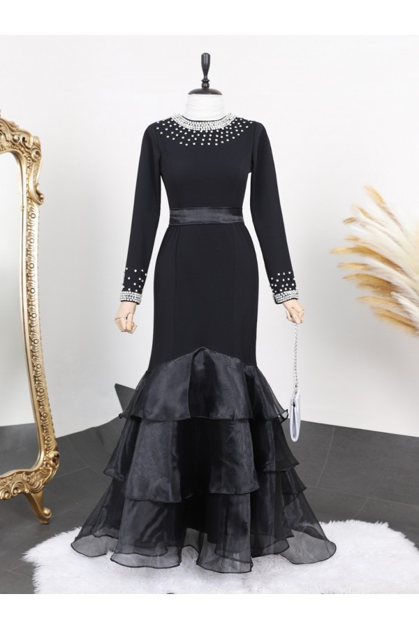 Evening Dress with Tiered Skirt and Stones on the Collar and Sleeves -Black