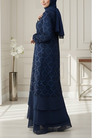 عباية مطرزة بالترتر مع حزام وتنورة مزدوجة الطبقات -كحلي