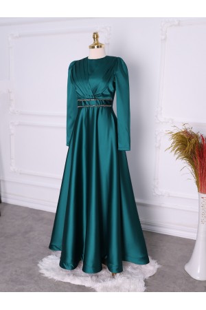 Front Draped Waist Beaded Satin Evening Dress -Emerald