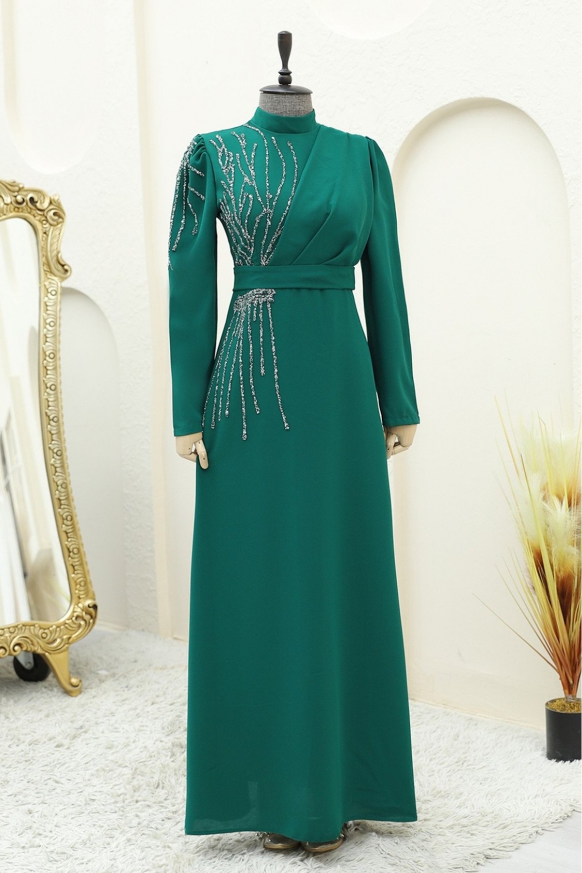 Crepe Dress with Stoned Shoulder Belt -Emerald