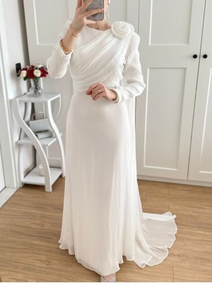 Chiffon Evening Dress with Rose Detail on Shoulder  -White