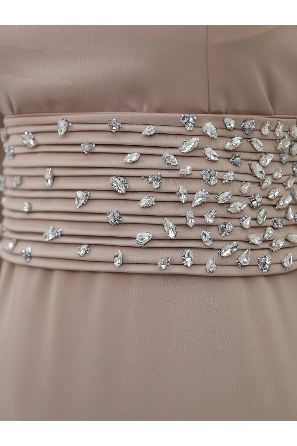 Corset Belted Stoned Satin Evening Dress -Light Mink