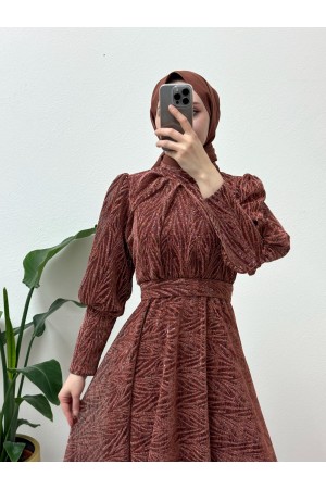 Hakim Yaka Balon Kol Simli Abiye  -Kiremit