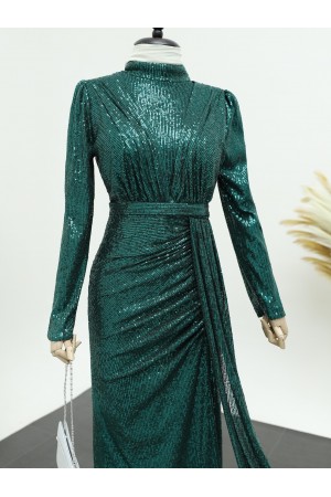 Eteği Büzgülü Hakim Yaka Pul Payet Abiye -Zümrüt