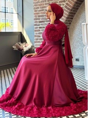 Satin Evening Dress with Rose Detail on Skirt and Sleeves  -Maroon