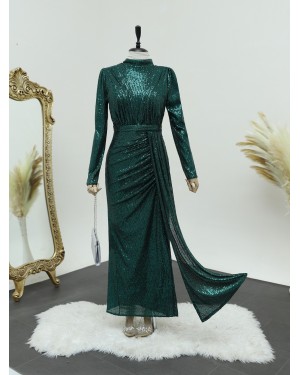 Sequined Evening Dress with Gathered Skirt, Magnificent Neckline -Emerald