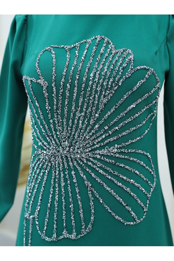 Clover Stone Patterned High Collar Crepe Evening Dress -Green