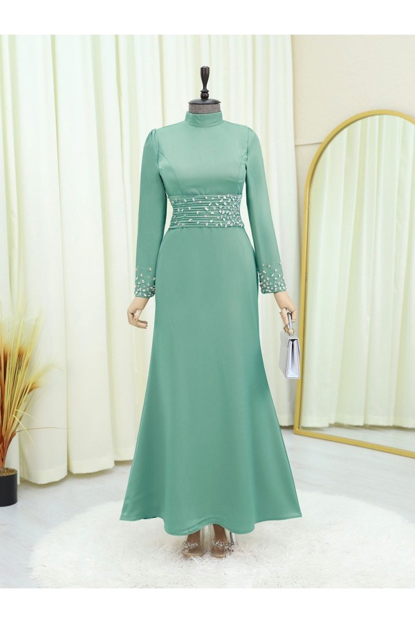 Corset Belted Stoned Satin Evening Dress -Sea green