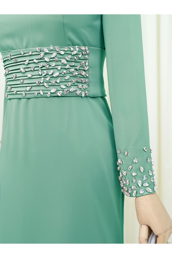 Corset Belted Stoned Satin Evening Dress -Sea green