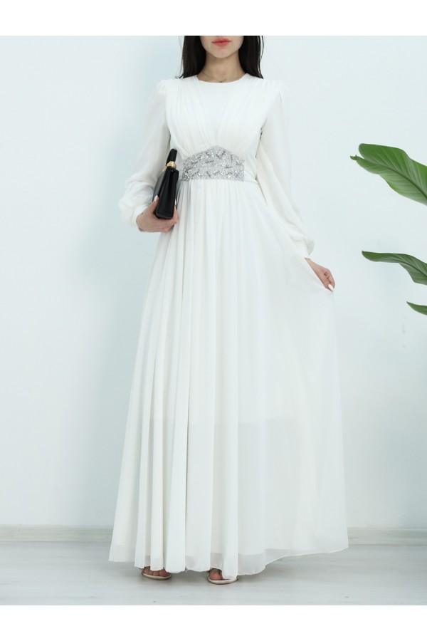 Draped Front, Tied Waist Stone Detailed Evening Dress -White
